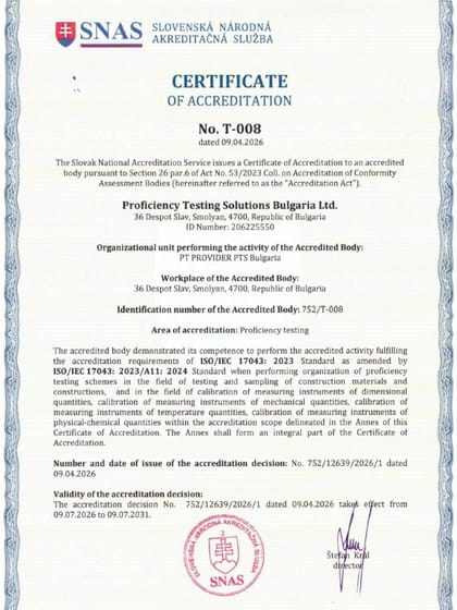 Сертификат за акредитация T-008 от SNAS